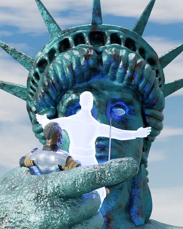 Warrior kneeling in the Statue of Liberty's crown, offering a glowing spirit