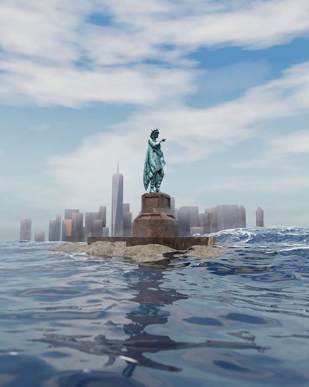 Statue of Liberty rising from the water with the NYC skyline behind