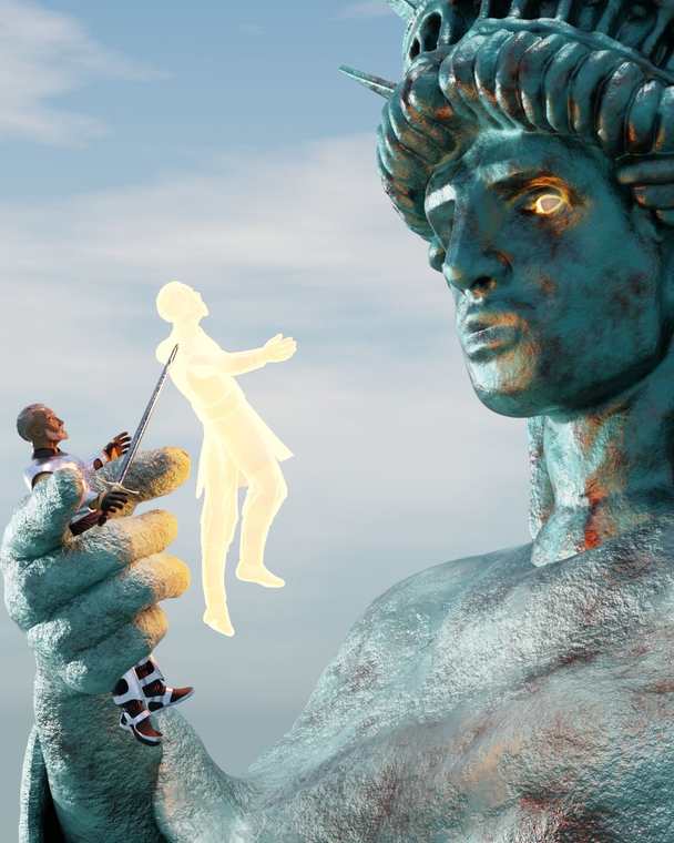 Statue of Liberty's hand holding a warrior and a glowing spirit figure