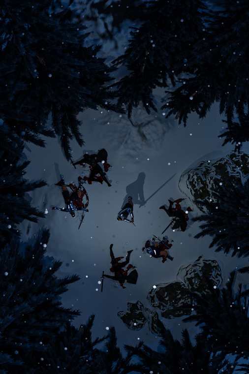 Overhead view of a snowy forest battlefield after a fight
