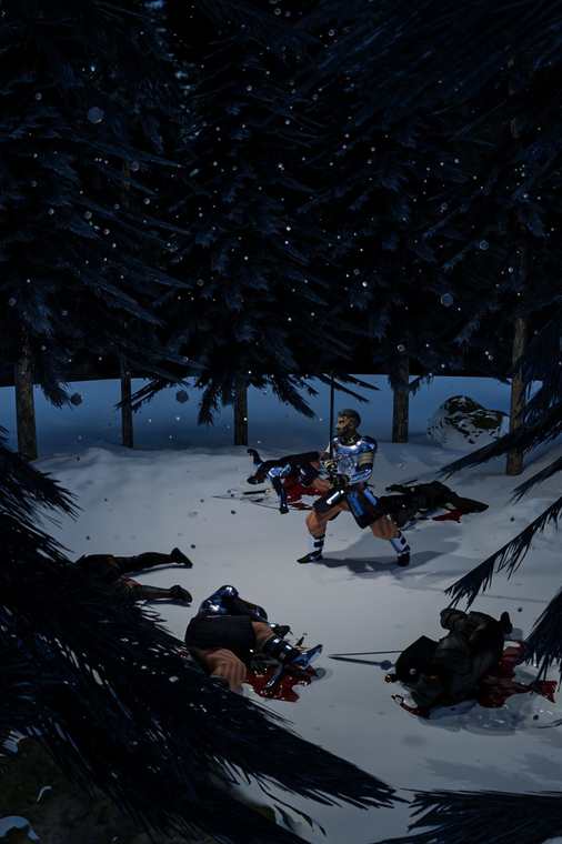 Warrior mid-fight in a snowy forest clearing