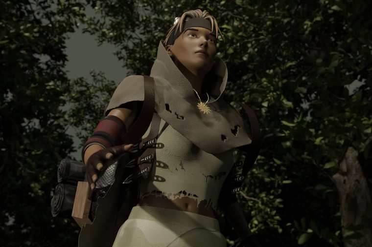 Traveler character portrait in a forest