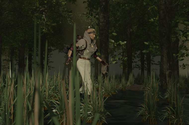 Traveler wading through a swamp among tall reeds