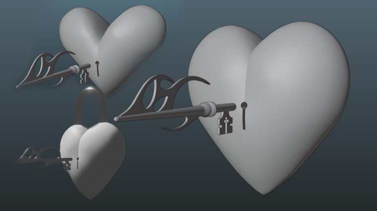 Grey blockout models of heart-shaped padlocks with keys