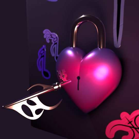 Material test on the heart padlock, magenta lighting