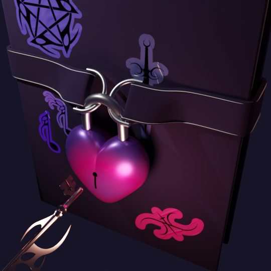 Near-final lighting pass on the heart padlock and book