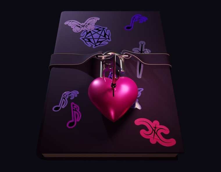 Finished render of the locked book with charm stickers
