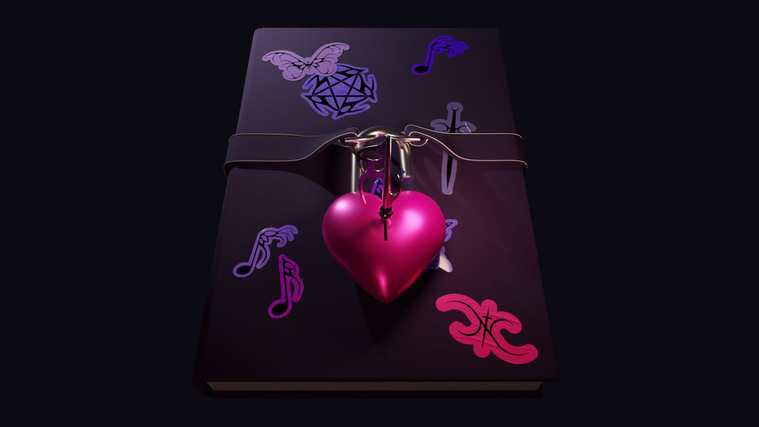 Hero render of the locked book, heart padlock, and key